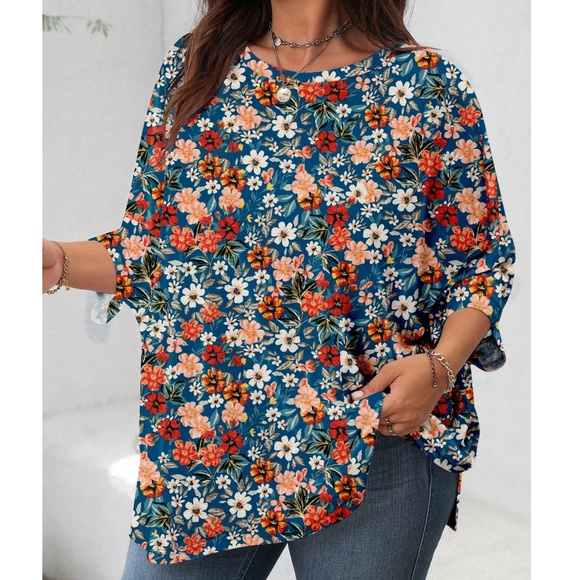Plus Floral Print Batwing Sleeve Loose Fit Top - Picture 2 of 4